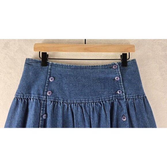 VTG Cherokee Blue Denim Midi Skirt 6 Double Button Front Deep Hip Band 80s 90s - Picture 4 of 10